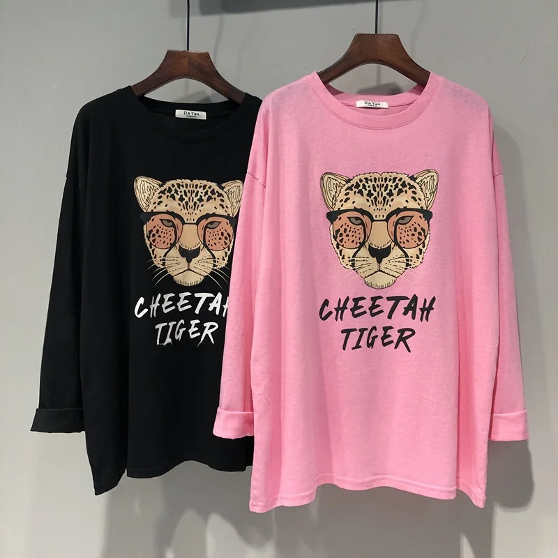 

Long Sleeve T-Shirt Women's Leopard Head Print Mid-Length Brand Button Cotton Korean Style Loose Fit Casual Wear Polyester Blend