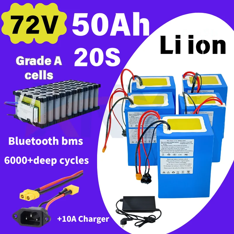 XNY 72V 50Ah Lithium-Ion Battery with Bluetooth APP BMS for 5000W-10KW Electric Scooter Motorcycle Forklift Crane Truck +10A Cha