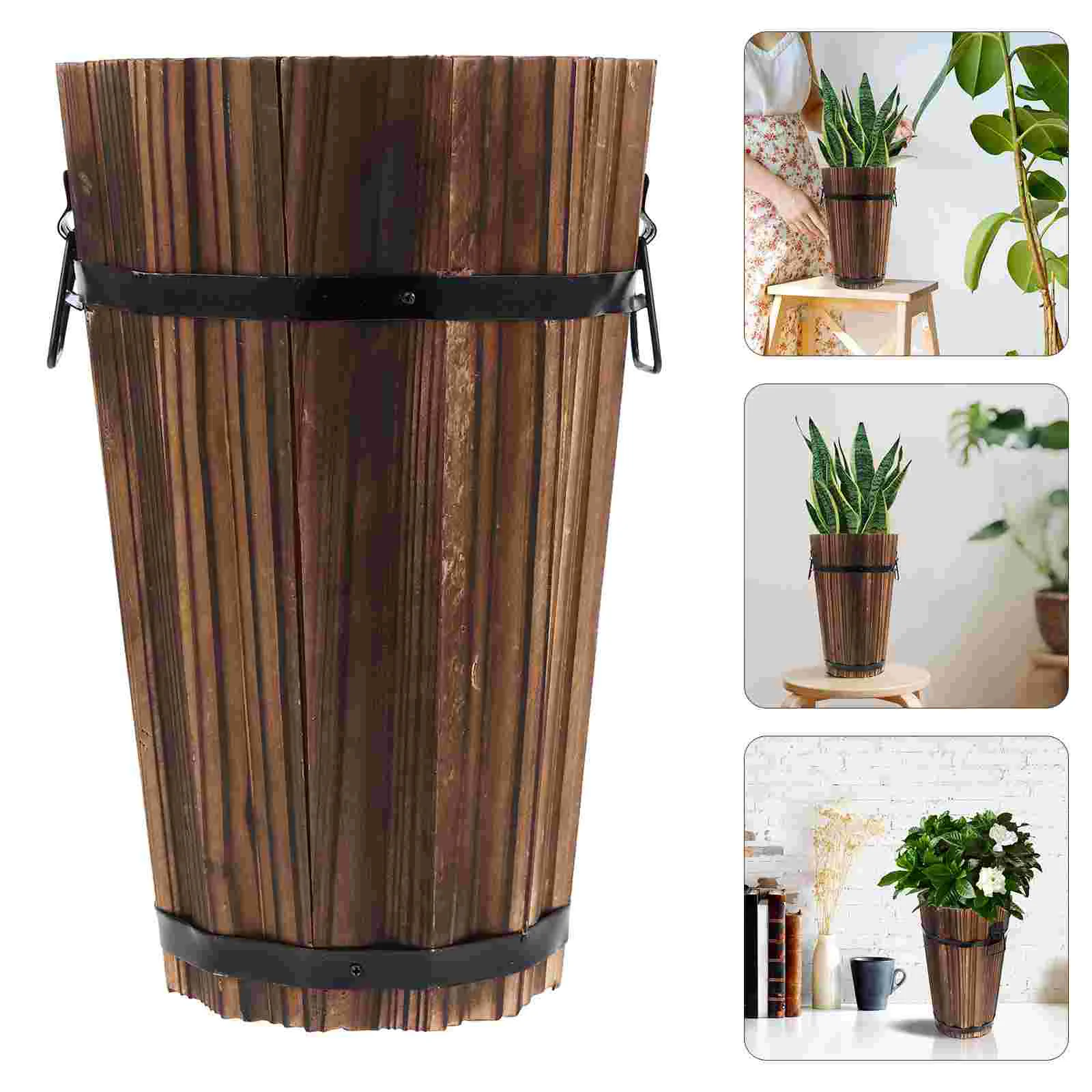 

Flowerpot Decor Wooden Bucket Creative Planter Retro Succulent Plants Flowers Decorative Carbonized Style Vintage Bonsai