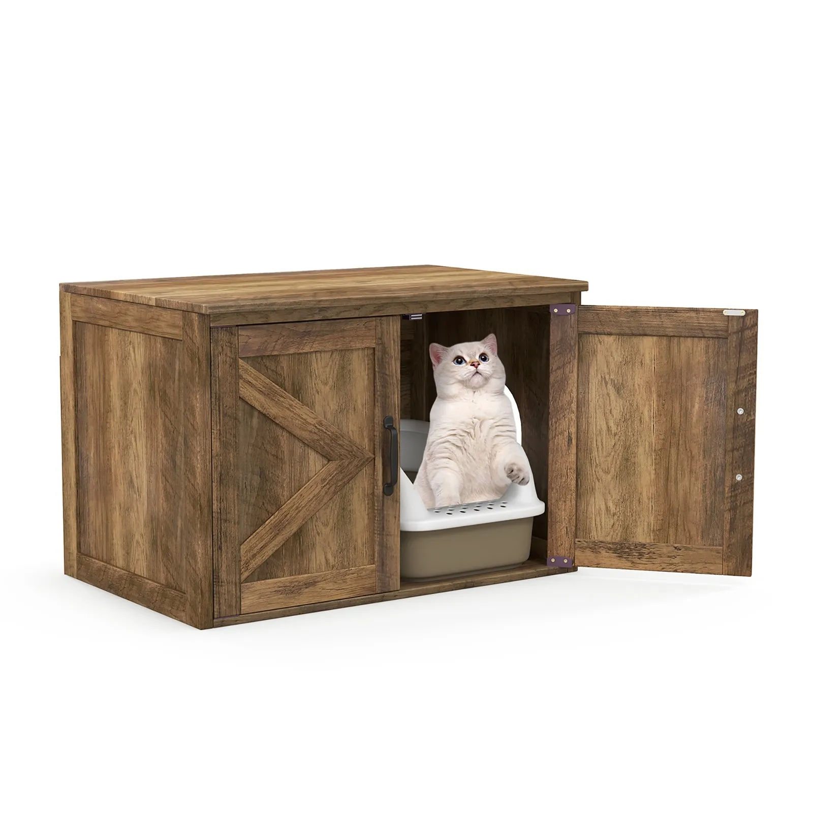 

Cat Litter Box Enclosure w/ Double Barn Doors Removable Divider Middle Entry
