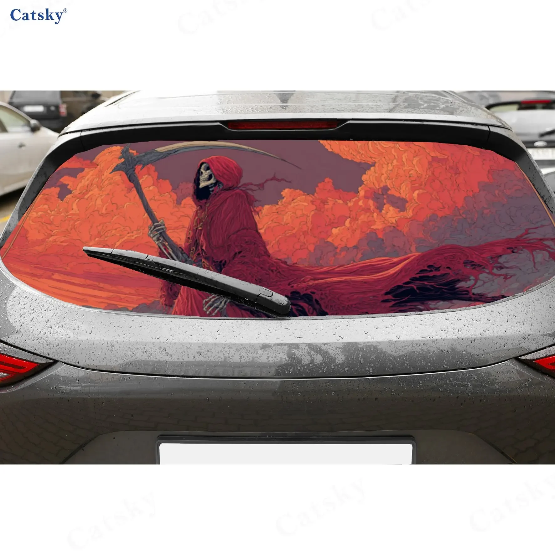 Fiery Red Reaper Dominance Scene PVC Perforated Car Vinyl Wraps, Durable Car Rear Windshield Sticker, Waterproof Car Rear Window
