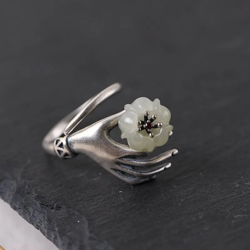 925 sterling silver inlaid with Hotan Jade ring female antique bergamot lotus opening design ethnic style jewelry