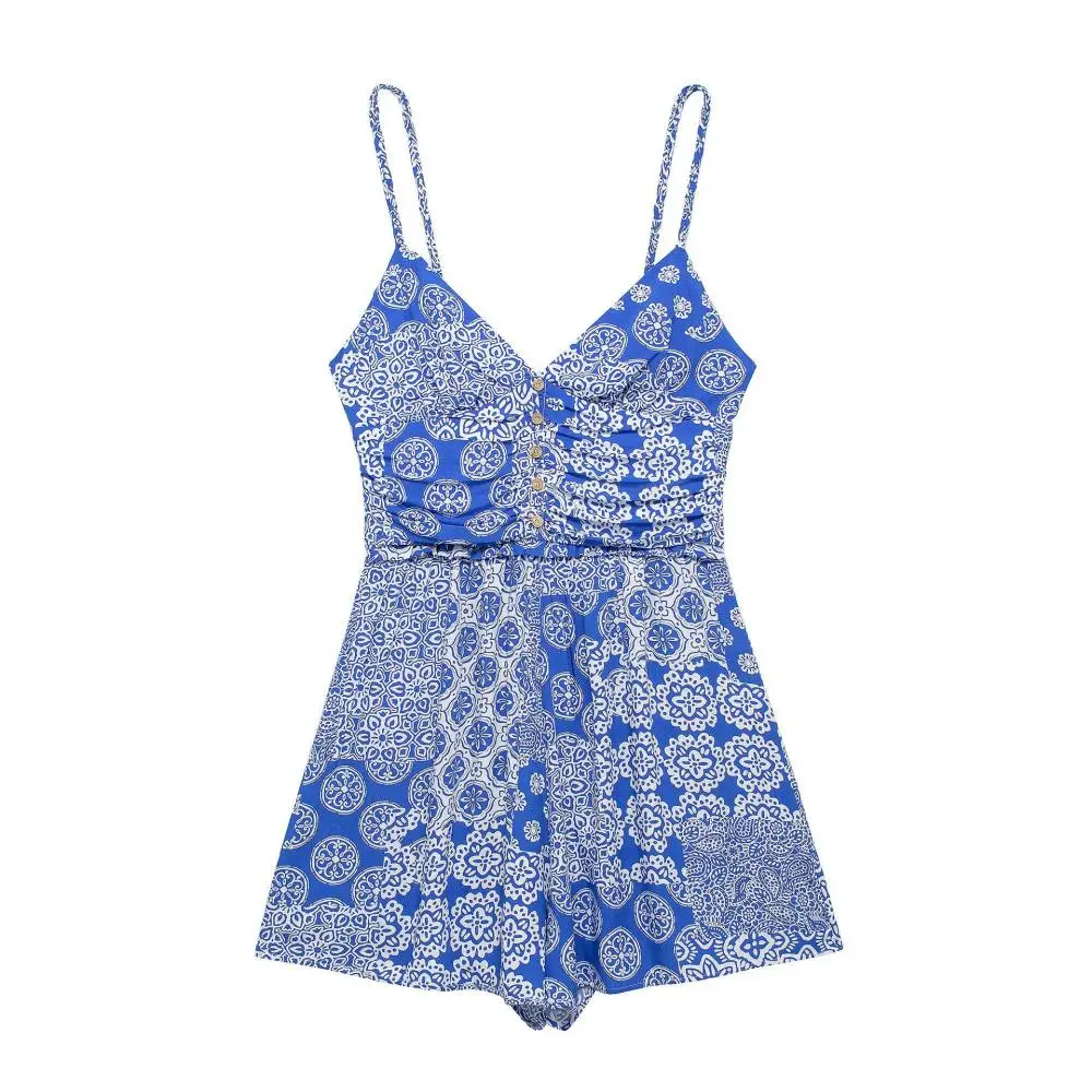 

Women Blue Printed Pleated Jumpsuit Summer Comfortable Sleeveless Spaghetti Strap Shorts Casual Backless V Neck Jumpsuits