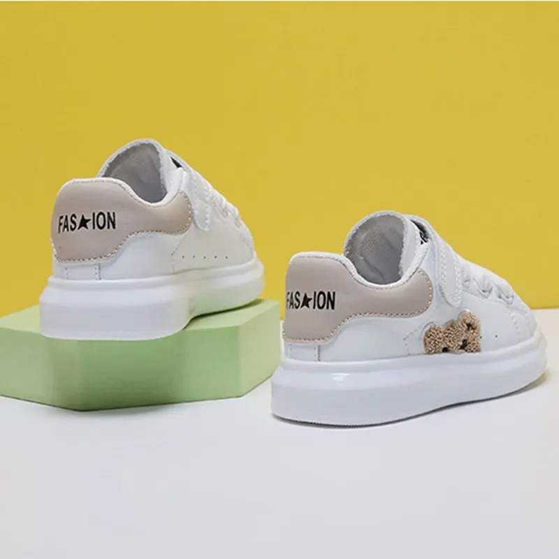 New Sping/Autumn Baby Shoes Leather Toddler Boys Girls Sneakers Cute Bear Soft Sole White Tennis Fashion Little Kids Shoes