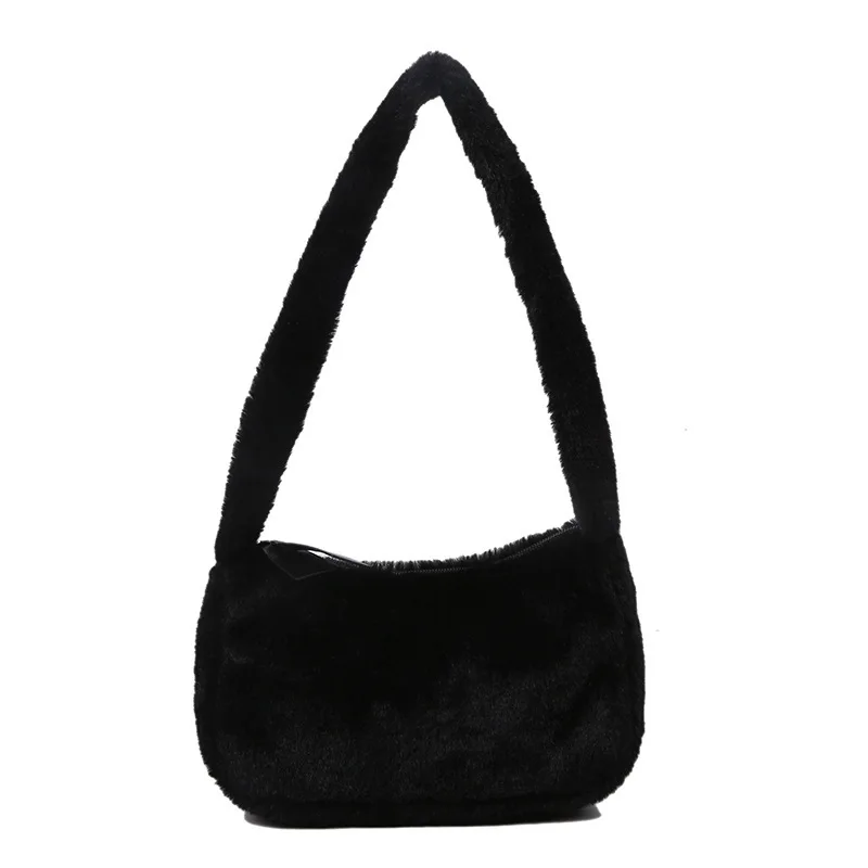 Simple Design Women Soft Plush Hobos Shoulder Bags Winter Furry Ladies Clutch Purse Handbag Fashion Female Underarm Bag