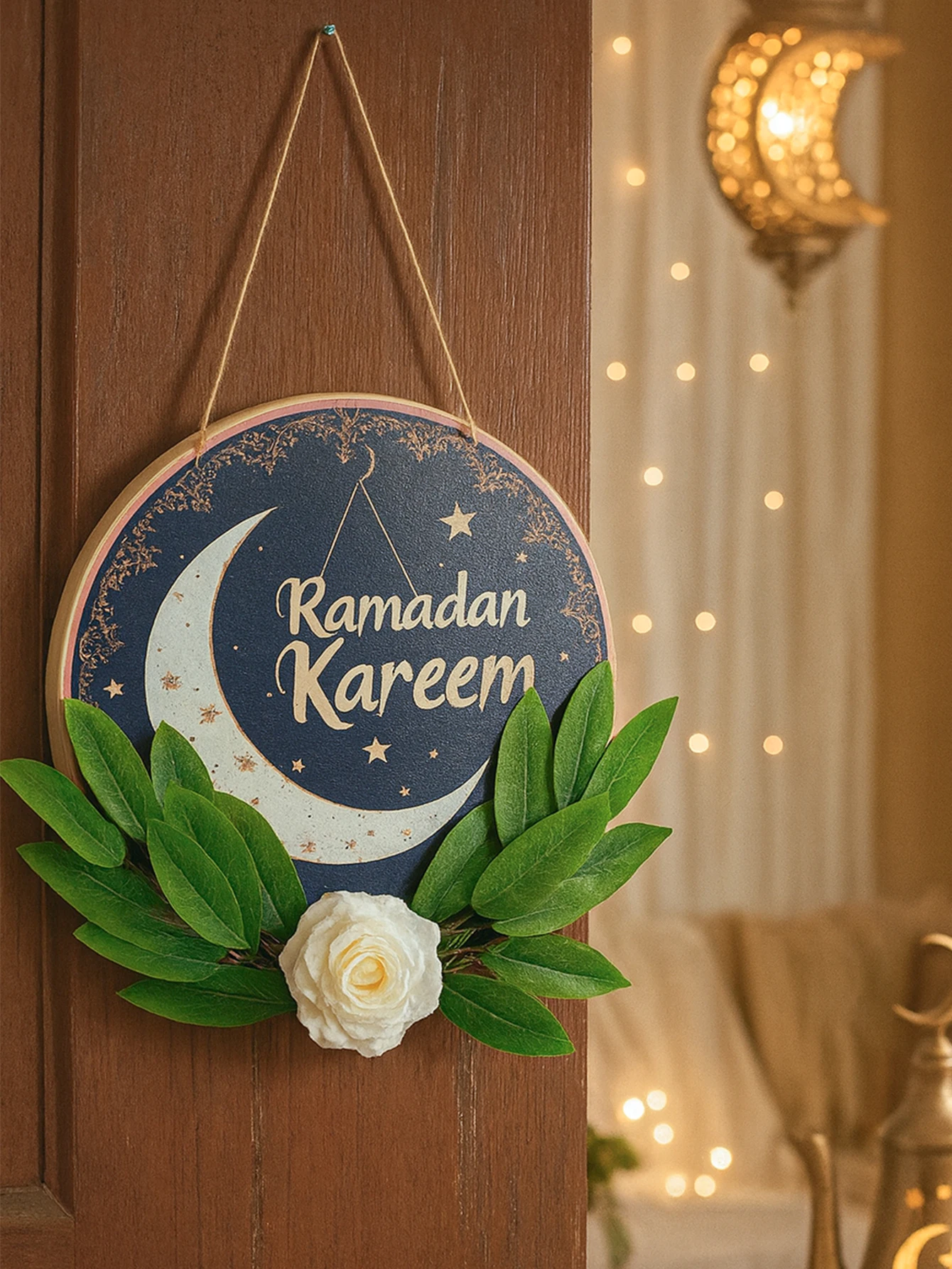 Schwarzer Ramadan Kareem Blumen-Türbehang, Dekor, Mond, Stern, Laterne, Muster, runde Plakette, Wanddekoration für Ramadan-Eid-Geschenke