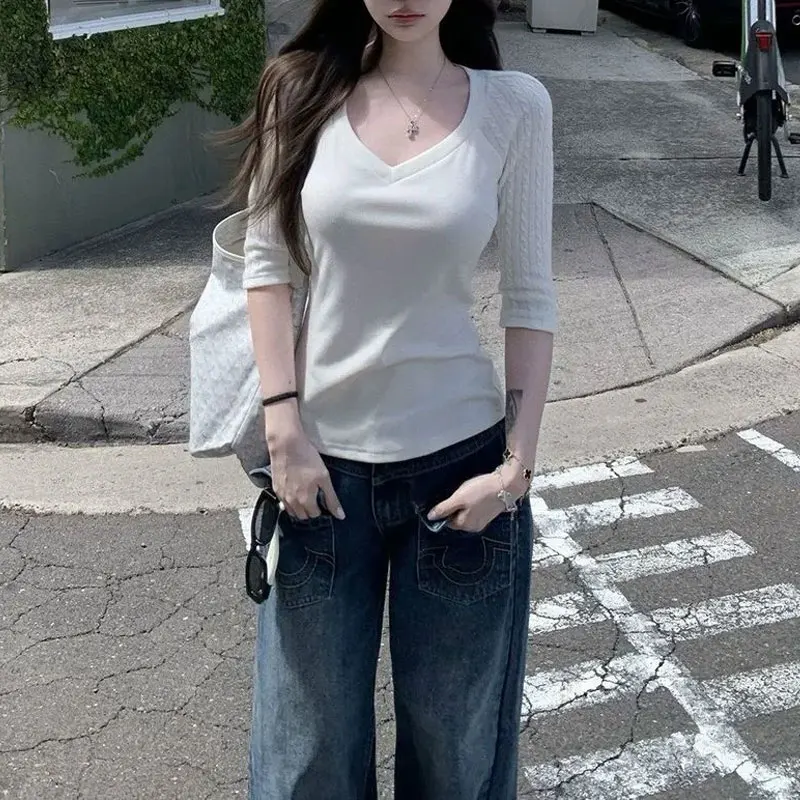 

Basic Vintage V-Neck Slim Knitted T-shirts Spring Summer Half Sleeve Female Clothing Solid Color Fashionable Spliced Pullovers