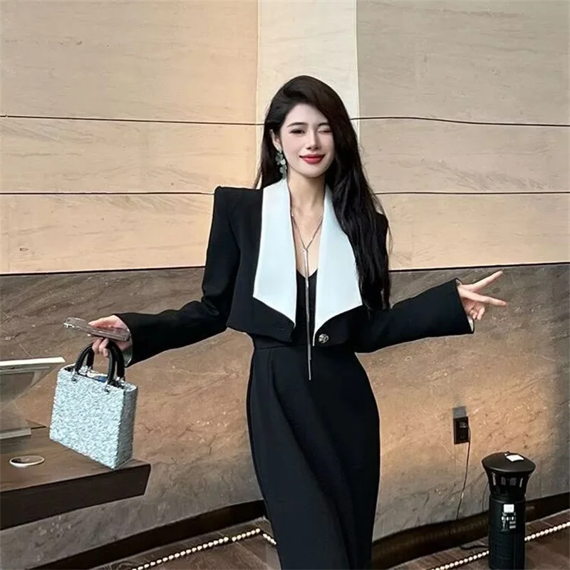 

Female Jacket Women's Coat Spring Joker Fashion Contrast Long-sleeved Short Suit with Advanced Design and Loose Coat One Button