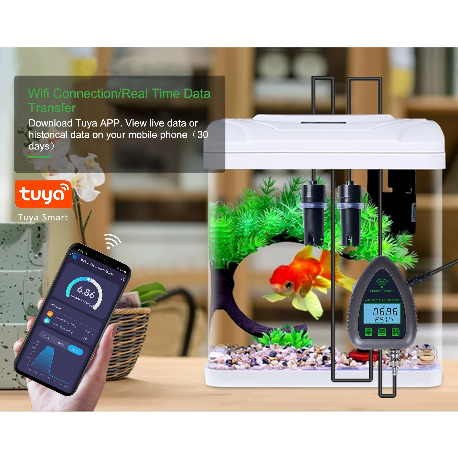 Yieryi Tuya WIFI Smart Salinity Meter 5 in1 Ph TDS SALT S.G Temp Monitor Data Logger Tester for Aquarium Pool Hydroponics Fluid