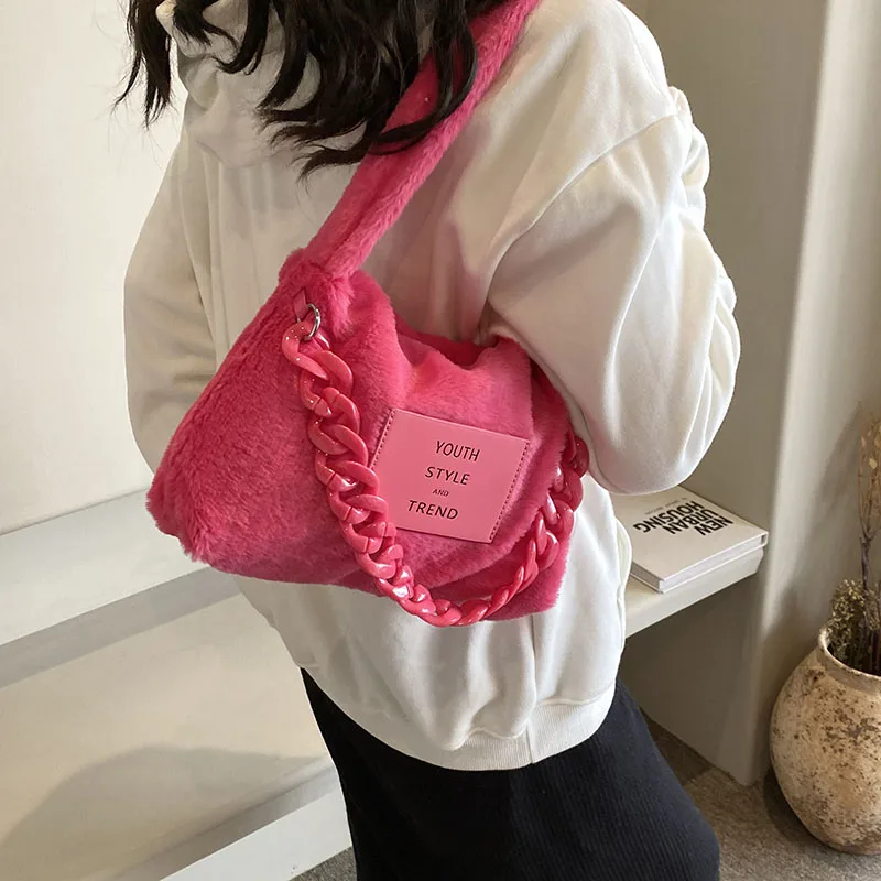 Green Design Plush Shoulder Bag For Women Fashion Chain Handbag Underarm Shopper Purse Winter Clutch Soft Fluffy Crossbody Bag