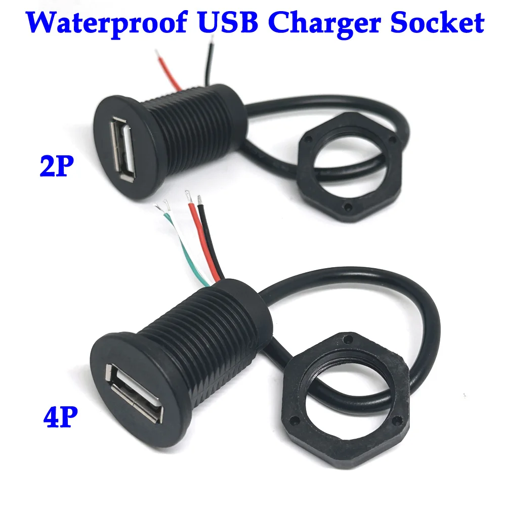 1/3pcs 2P 4P waterproof USB 2.0 Female Power Jack Charging Port Connector With USB Cable Electric Terminals USB Charger Socket