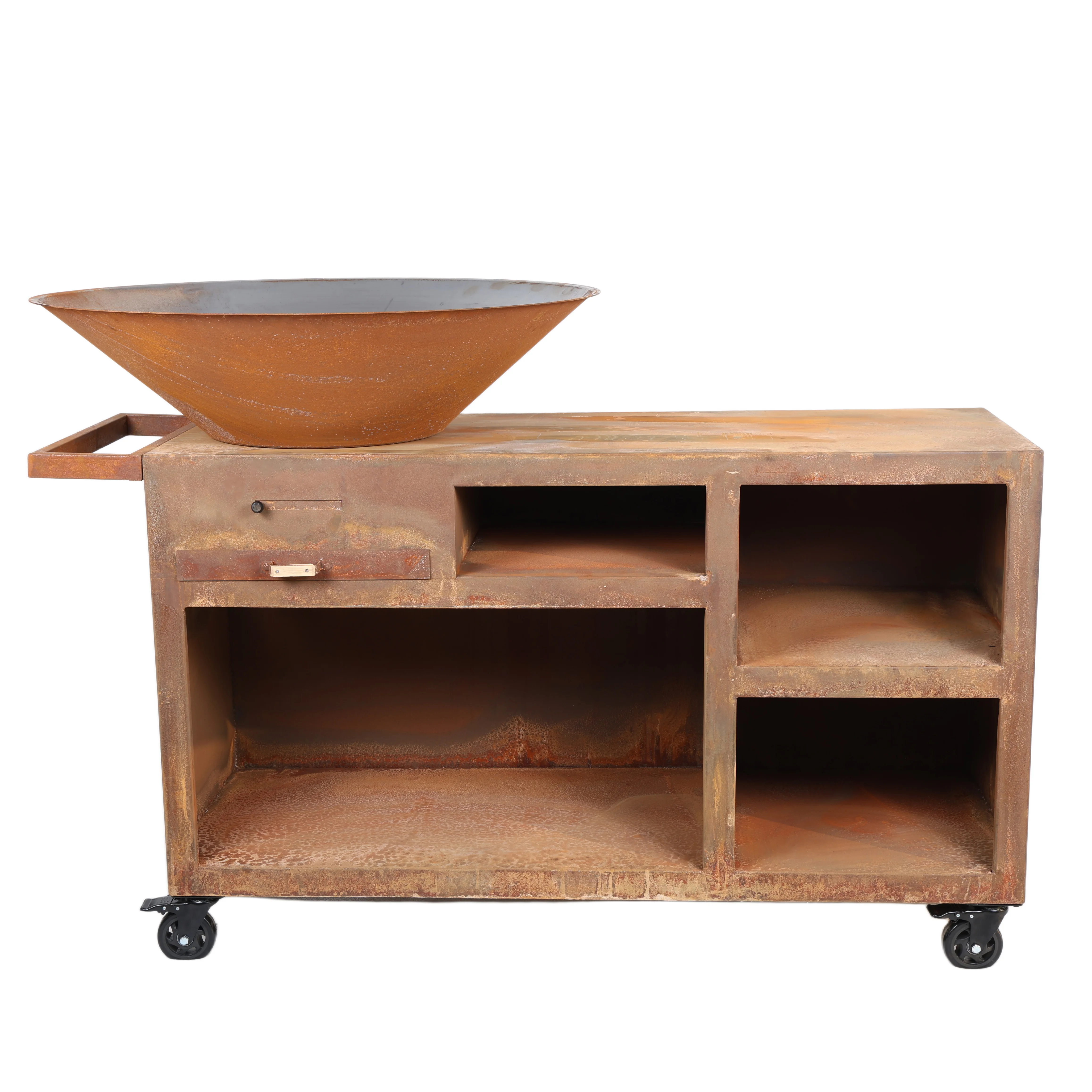 Corten Steel Garden Fire Pit Brazier BBQ Grill With Wood Storage Cooking Plancha Griddle Outdoor Backyard Camping