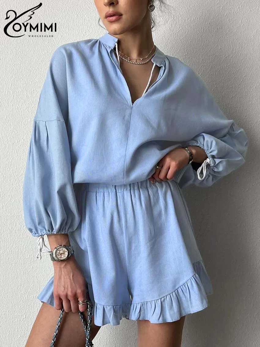 

Oymimi Casual Blue Cotton Sets For Women 2 Pieces Elegant Lapel Wrist Sleeve Blouses And High Waisted Pleated Shorts Female Sets