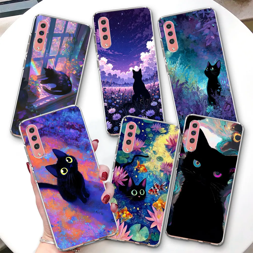 Transparent Case for Samsung Galaxy A06 A07 A50 A50s A05s A20 A30 A05 TPU Phone Cover Cute Graffiti Black Cat Kawaii Cartoon