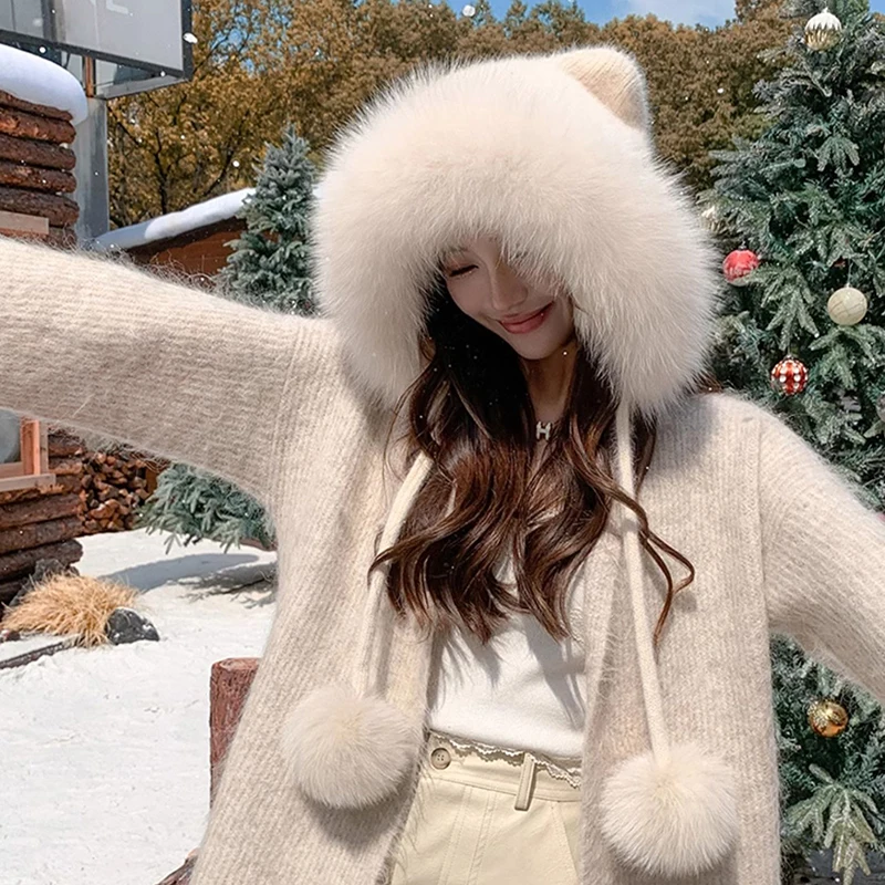 

Besfilin Women's Cat-Ear Mohair Bomber Pilot Hat Genuine Fox Fur Brim Ear Protection for Small Faces Warm Spring Autumn Winter