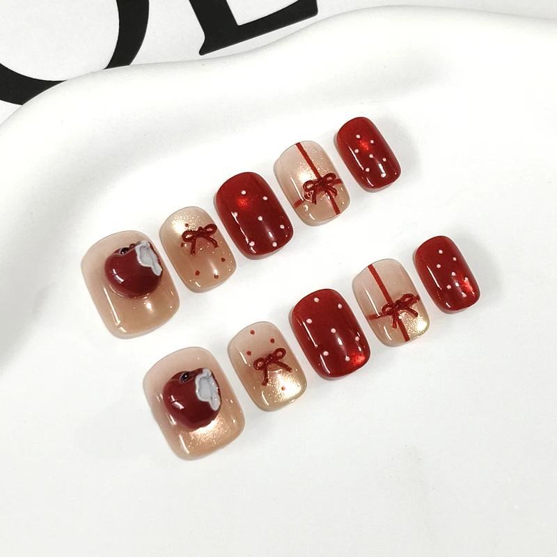 10 Uñas Postizas Elegantes con Diseño de Puntos Rojos y Ojo de Gato, Estilo Moderno, Desmontables