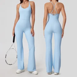 Alpha Ribbed Knit Flare Jumpsuits for Women Spaghetti Straps Backless Scoop Neck Bodycon Full Length Casual Unitard Playsuit
