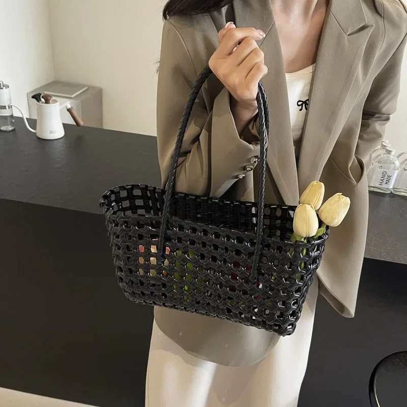 LEFTSIDE Small Solid Color Weave Tote Bags for Women 2024 Fashion Summer Shoulder Bags Simple Handbags Hollow Out Beach Bag