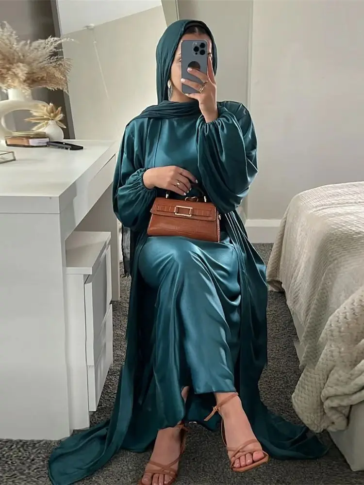 Satin Dubai Open Abaya Muslim for Women Sets Islam Kaftan Modest Dresses Kebaya Caftan Marocain Robe Femme Ensembles Musulmans