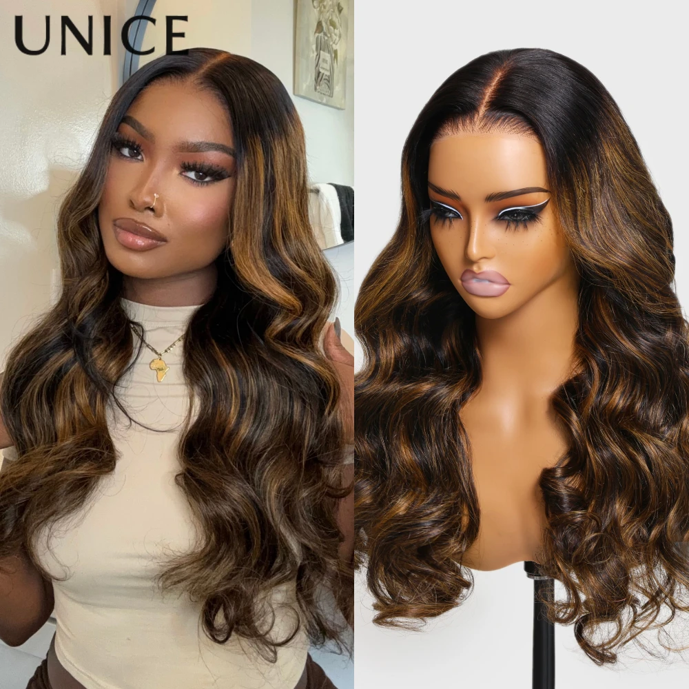 

UNice Hair 7x5 Bye Bye Knots Wear Go Бесклеевой парик Коричневый балаяж Объемная волна Парик Предварительно выбеленный парик из человеческих волос 150%