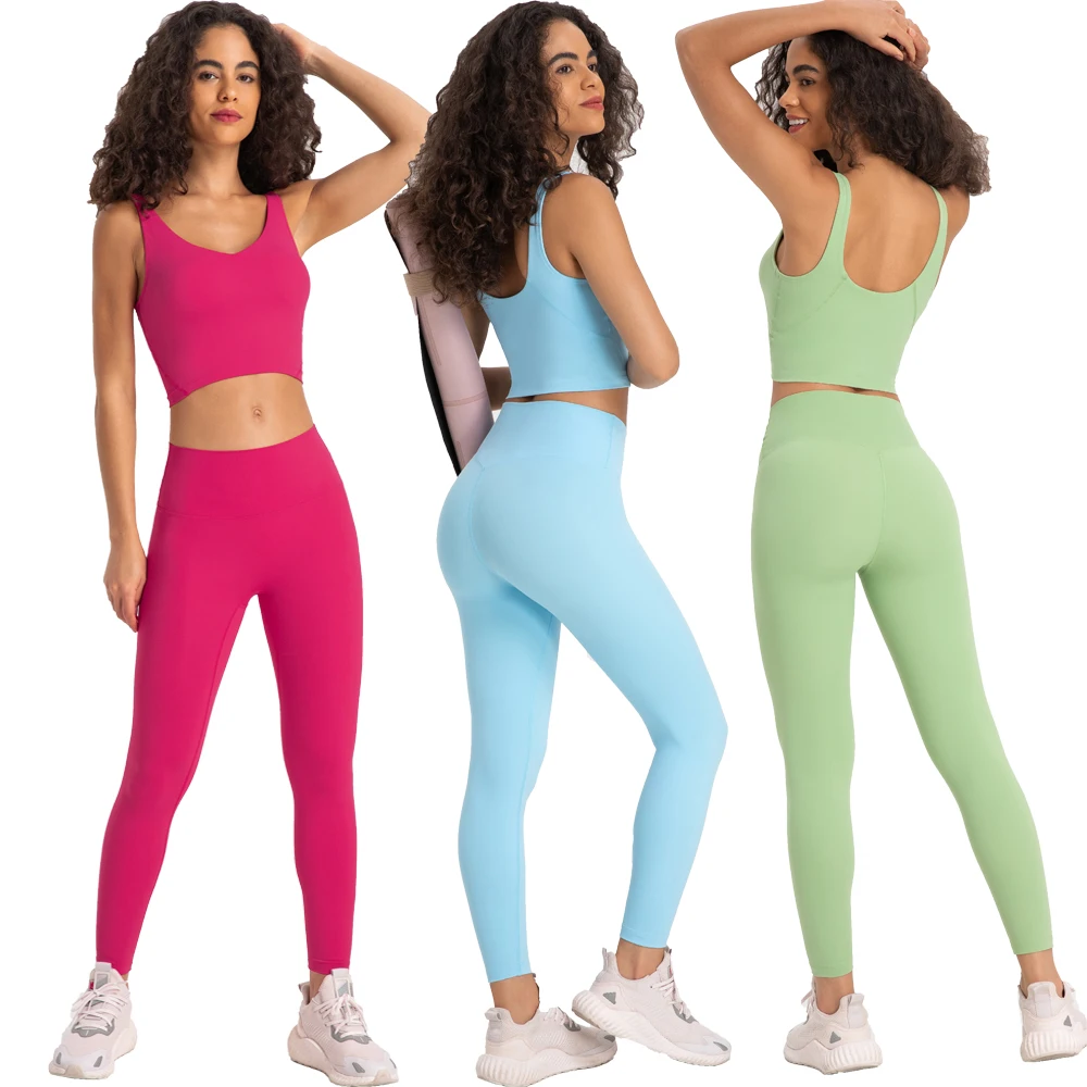 Stretch Nylon Spandex Workout Outfits Damen Trainings anzüge Sport kleidung 2 Stück gepolsterte Crop Tank BH High Taille Yoga Leggings Sets