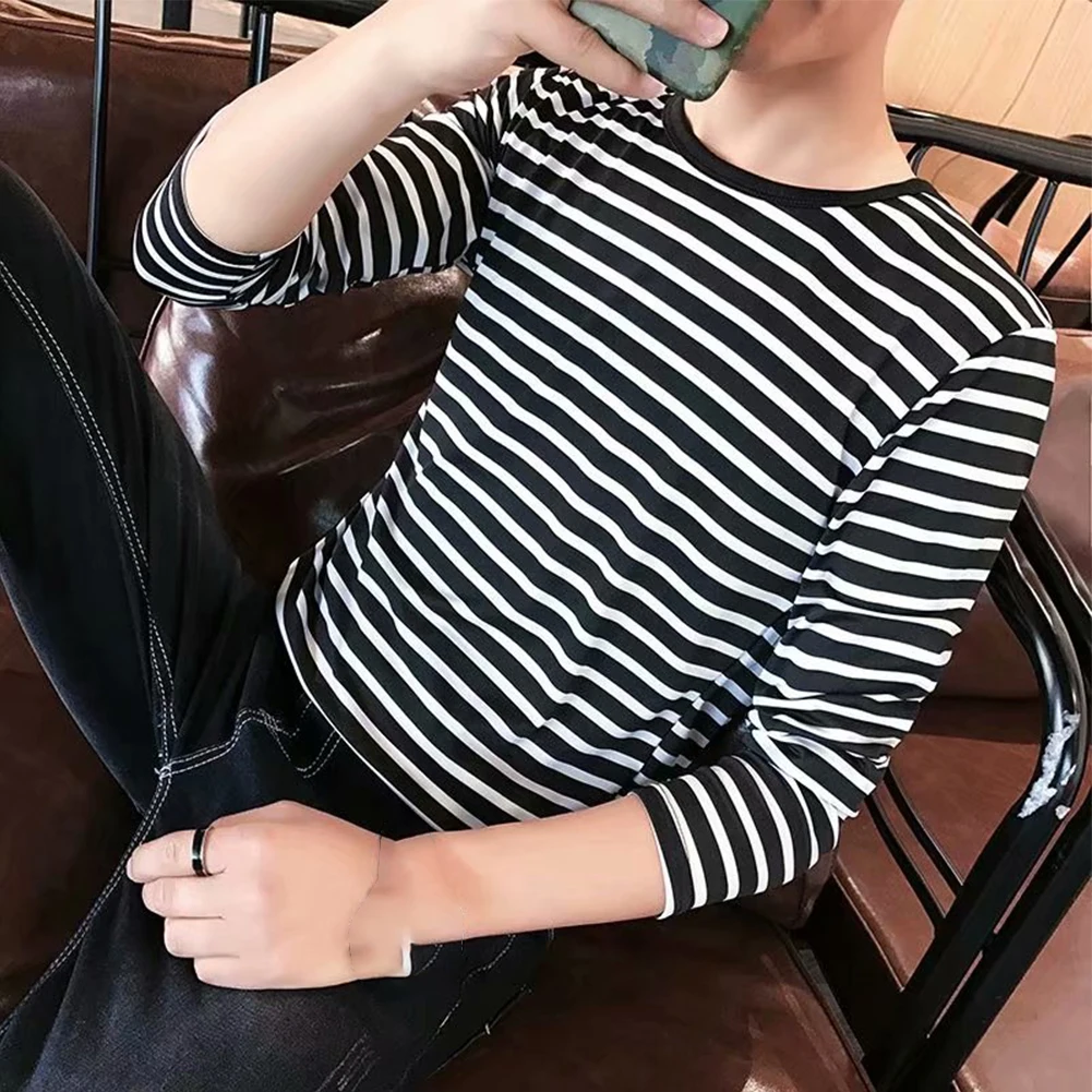 Men Classic Round Neck Shirts Stretch Long Sleeve Stripe Comfortable T-Shirt Casual Undershirts Thermal Tees Tops Autumn 2024