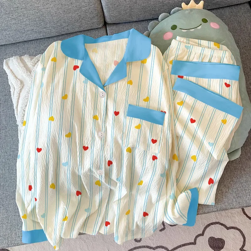 Striped Heart-Shaped Ins-Inspired Light Luxury Korean-Style Wrinkled Fabric Pajamas for Women's Home Wear Long-Sleeved Set