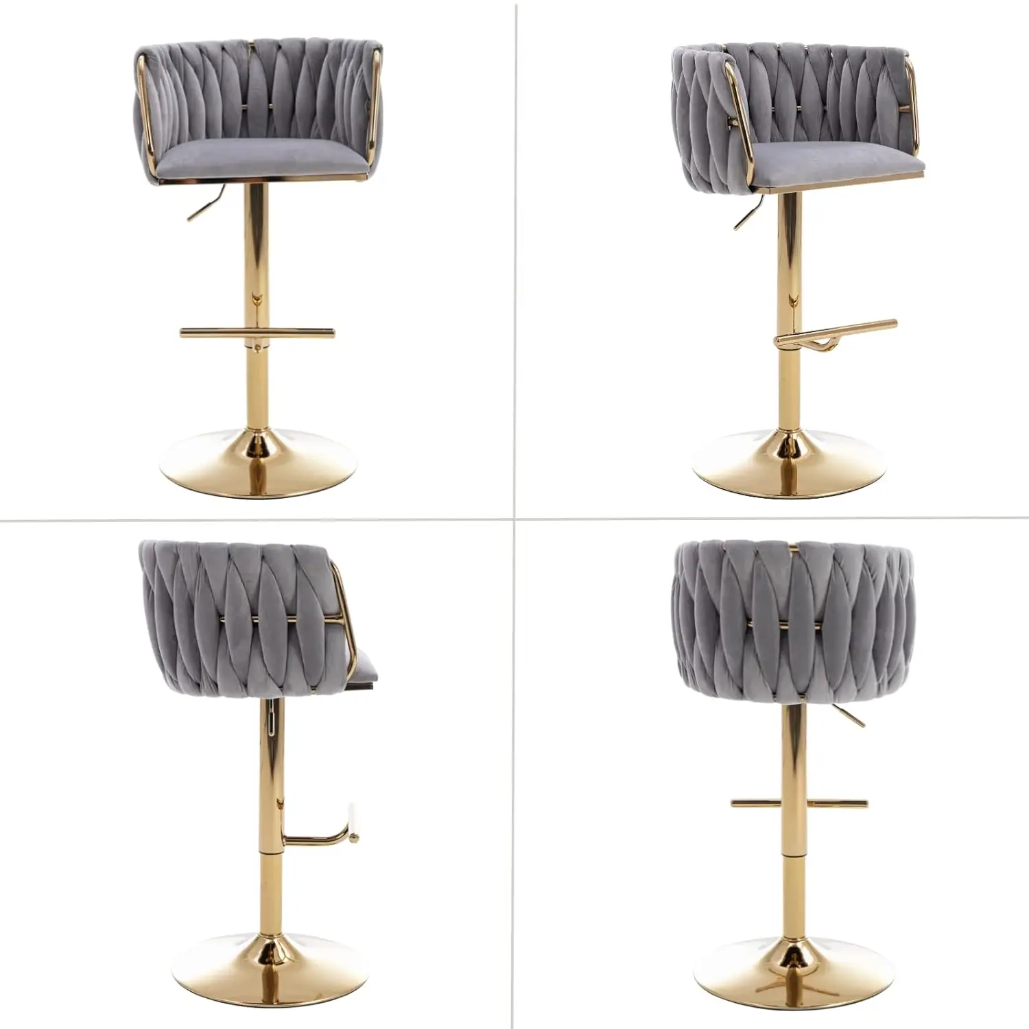 Adjustable Swivel Bar Stools Set of 2 Velvet Woven Back Gold Base Counter Height Kitchen Island Grey Customized