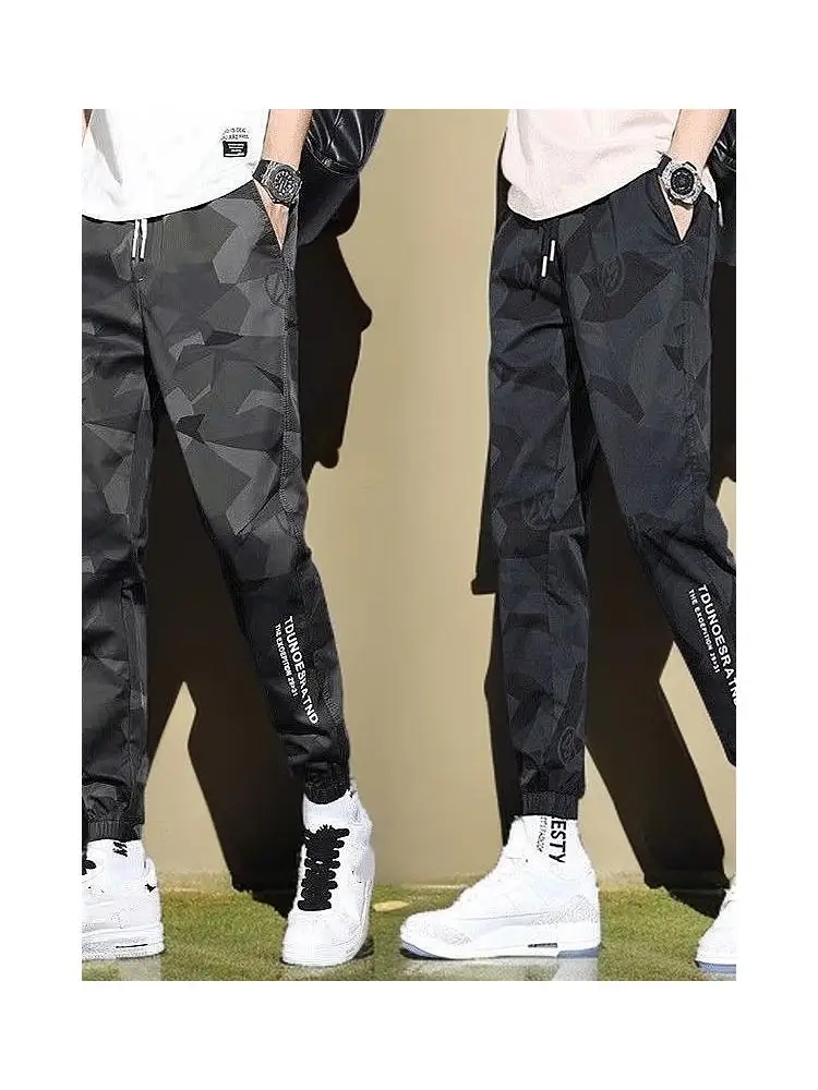 

Мужские повседневные камуфляжные спортивные брюки, летние брюки спецодежды на тонкой ножке, молодежные брюки с низкой талией, прямые брюки из полиэфирного волокна