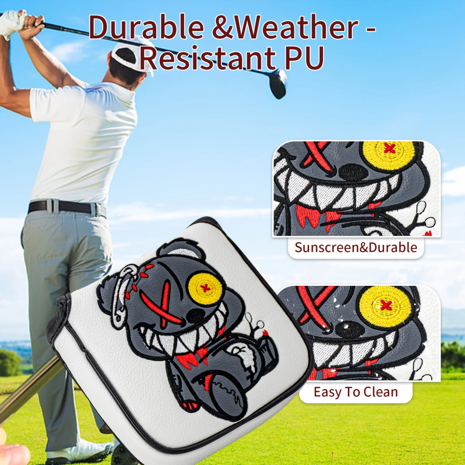 1pc Monocled Bear Design Golf Putter Cover - PU with Advanced Embroidery Suitable for Most Brands, Mallet Head, view 3