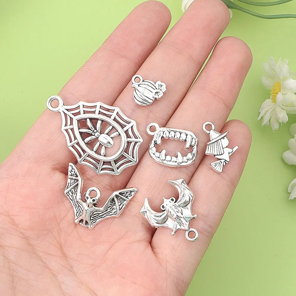 7/17/37 قطعة قلادة فضية على شكل شبح الخفافيش على شكل شبكة عنكبوت على شكل شبكة عنكبوت، أقراط على شكل سوار ذاتي الصنع، هدية الهالوين