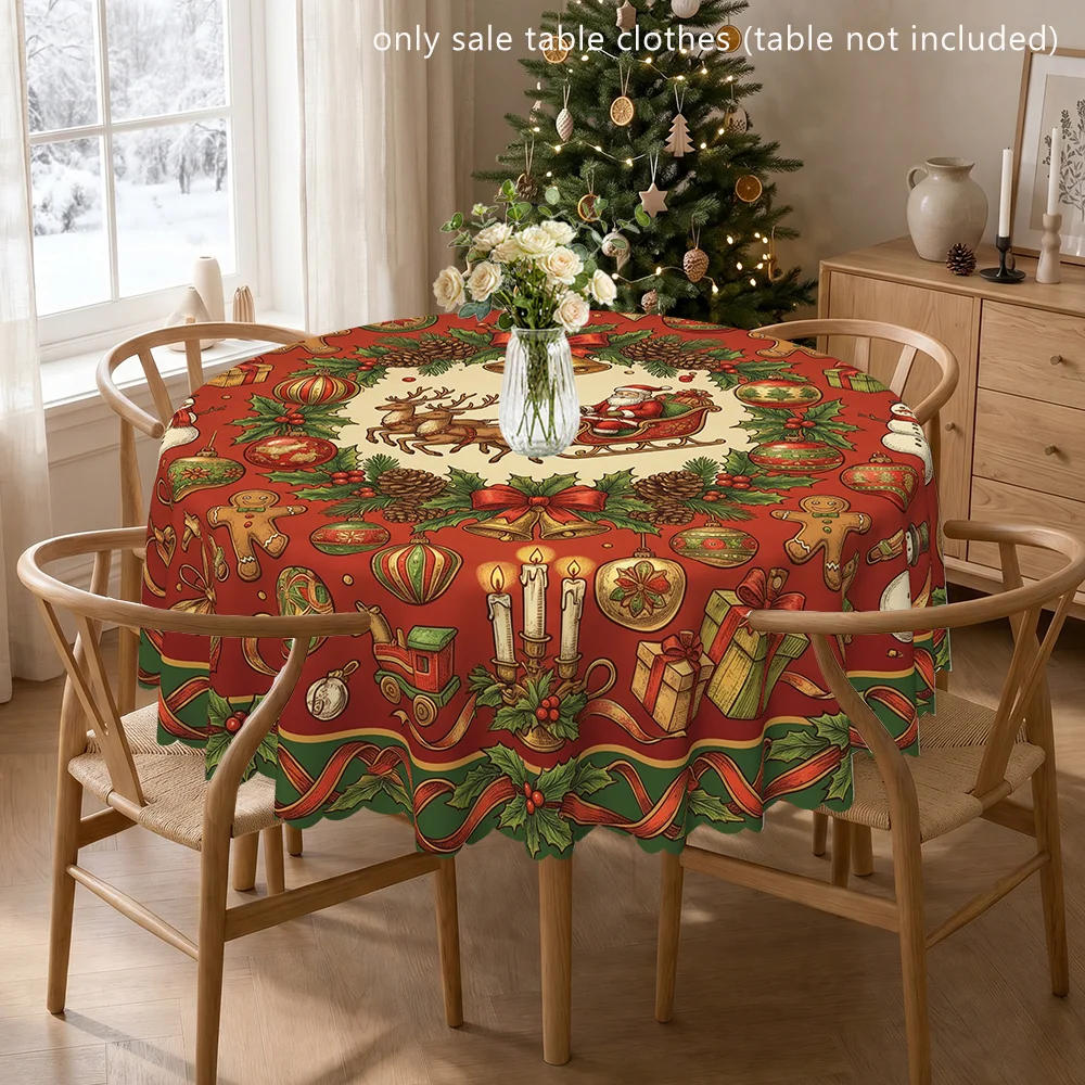 Vintage Santa sleigh and festive elements polyester printed tablecloths, round table covers, suitable for indoor and outdoor use