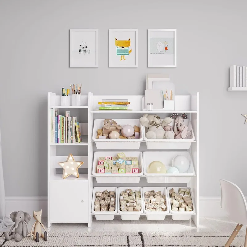 Toy Storage Organizer with Bookshelf, Kids Playroom Organization Shelving Unit with Removable Storage Bins