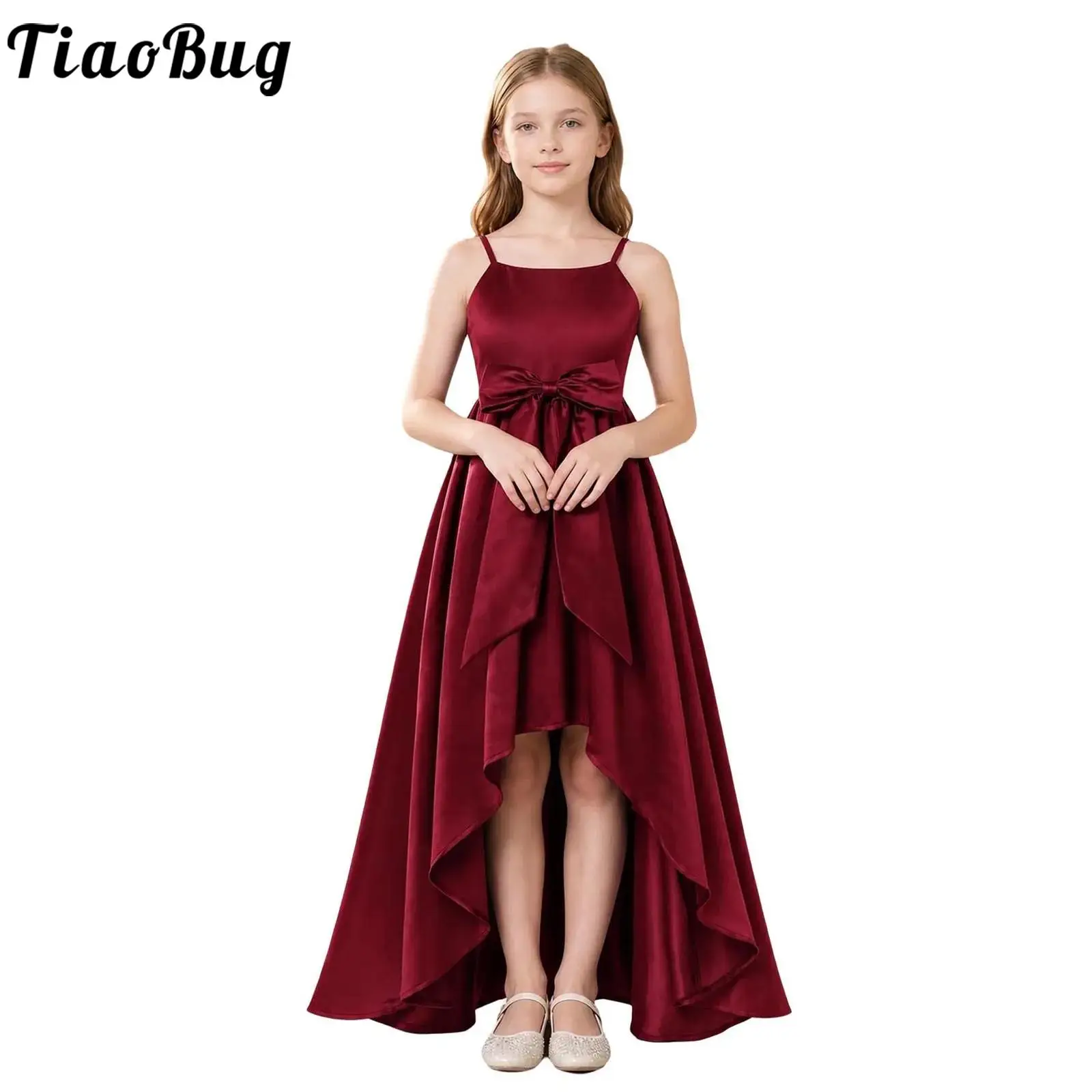 Kids Flower Girls Wedding Bridesmaid Dress Spaghetti Straps Big Bow Asymmetrical Hem Satin Gown Pageant Birthday Party Dresses