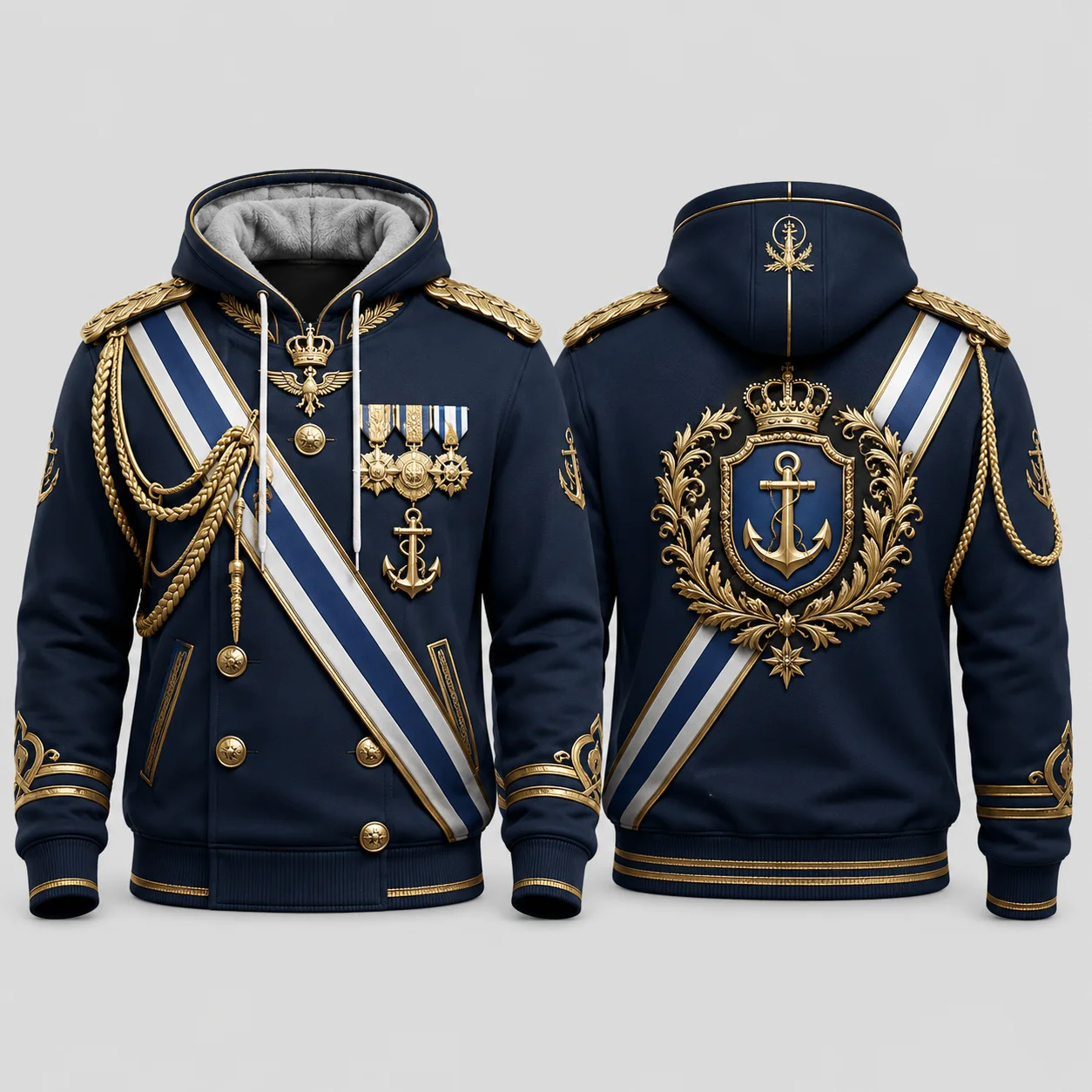 Mens Green Ceremonial Military Uniform 3D Print Zip Hoodie Polyester Long Sleeve Cosplay Streetwear Jacket