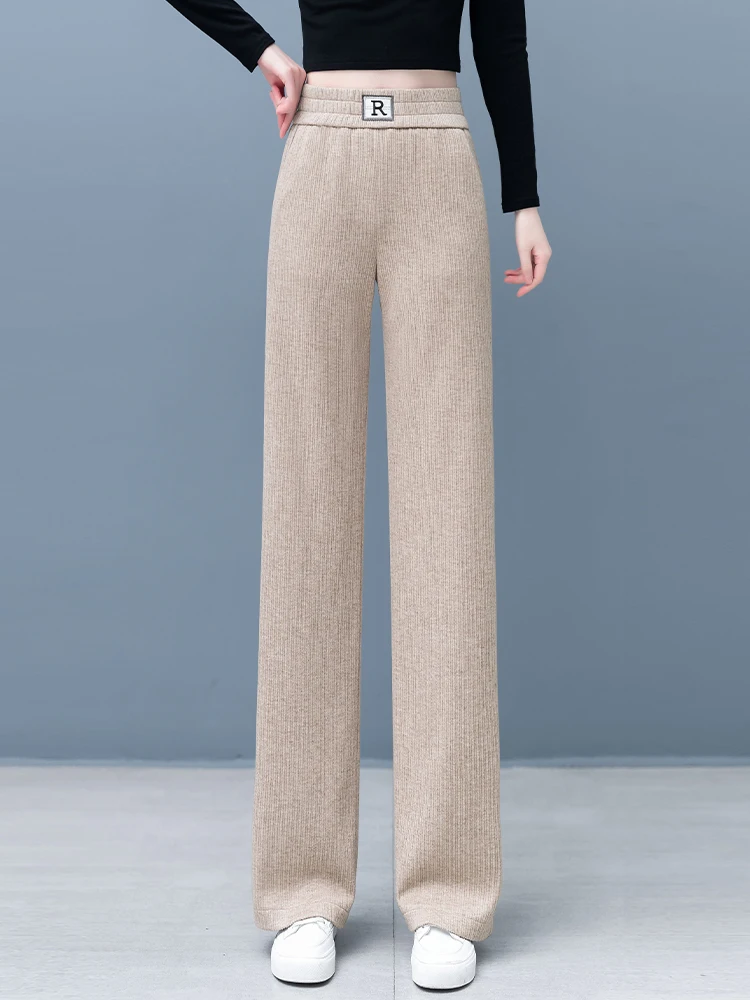 

Oatmeal Color Women's Autumn Winter High Waist Drapey Straight Leg Pants Loose Fit Casual Style Wide Leg Trousers