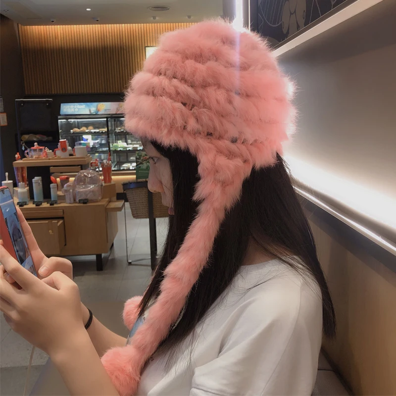 

Pink Rabbit Plush Fur Knitted Hat Female Earmuffs Hat Autumn and Winter Cute Cold-Proof Warm Fur Hat Tide