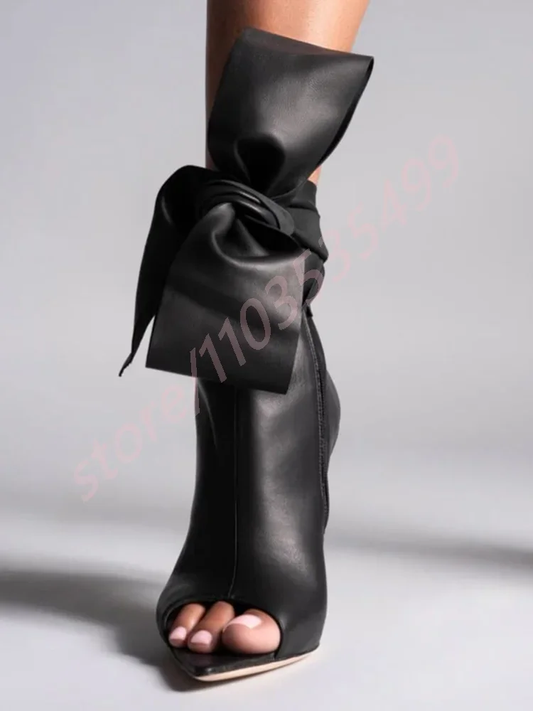 

2025 Bowknot Stiletto Heel Summer Peep Toe Short Boots New Sexy Catwalk Roman Ladies Ankle Boots Solid Color Fashion Party Boots
