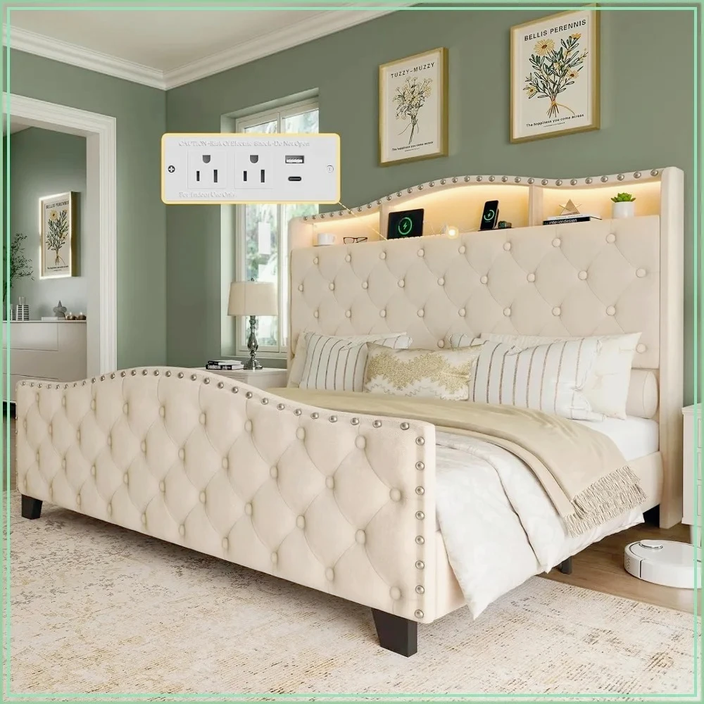 Velvet Queen Bed Frame with LED Lights, USB & Outlets, 50.9" Wingback Headboard, No Box Spring Needed, Beige