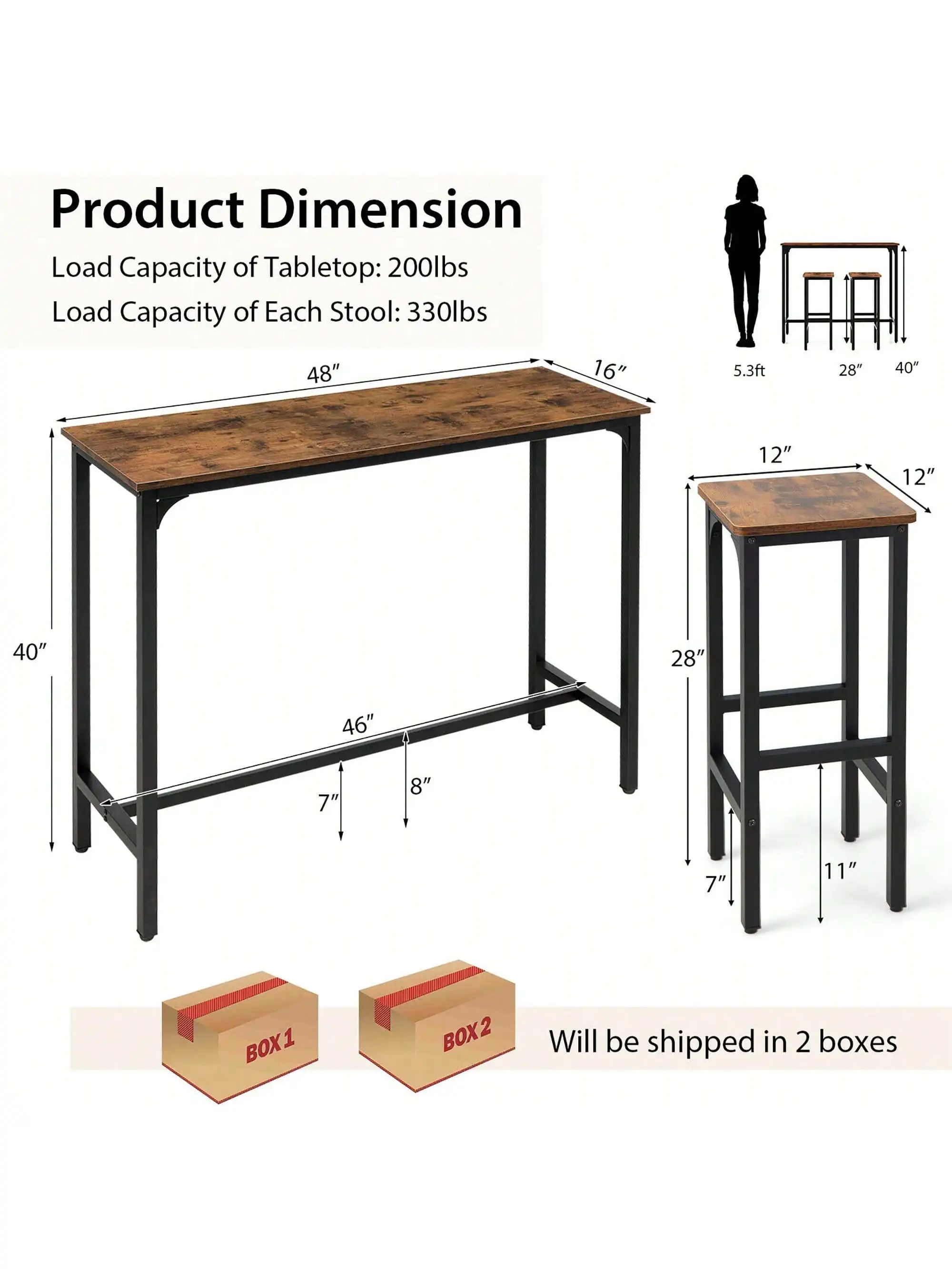 Juego de mesa y sillas de Bar, mesa de desayuno de comedor Industrial con marco de Metal, 3 piezas