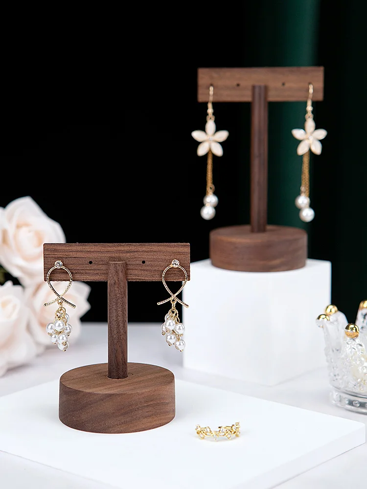 

Wooden Minimalist Earring Display Stand Box T-shaped Earring Display Rack Jewelry Organizing Props Walnut Wood Case