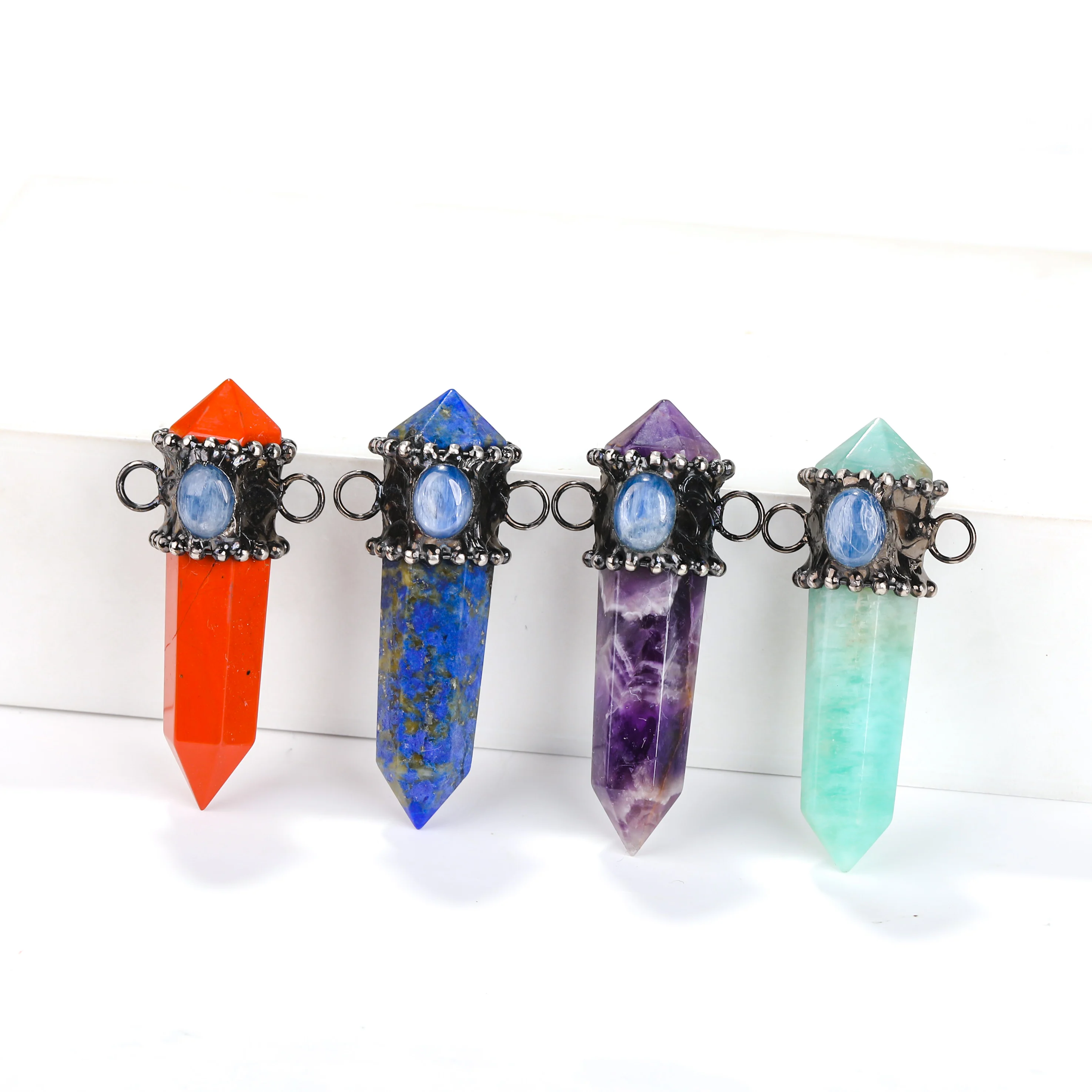 Double Point Crystal Stone With Electroplated Gunmetal Edge Amethyst Citrine Gemstone Pendant Connector Wholesale