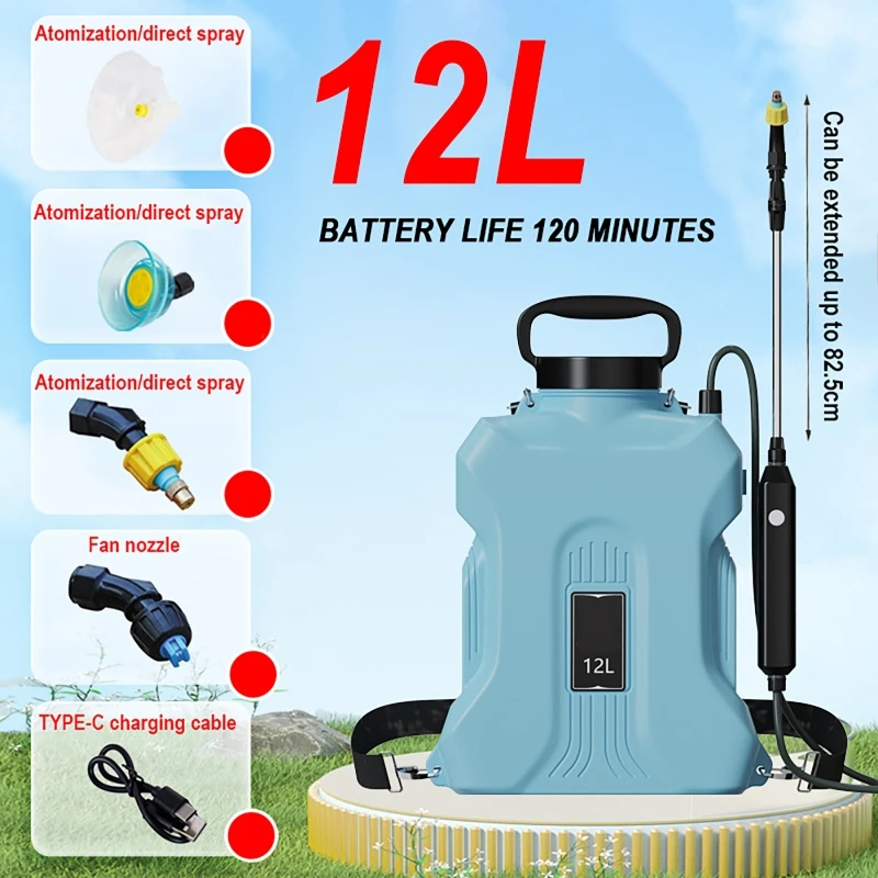 

12L Electric Sprayer Agricultural Spraying Kettle Disinfection Watering Backpack Sprayer 2500mAh Garden Irrigation with 4nozzles