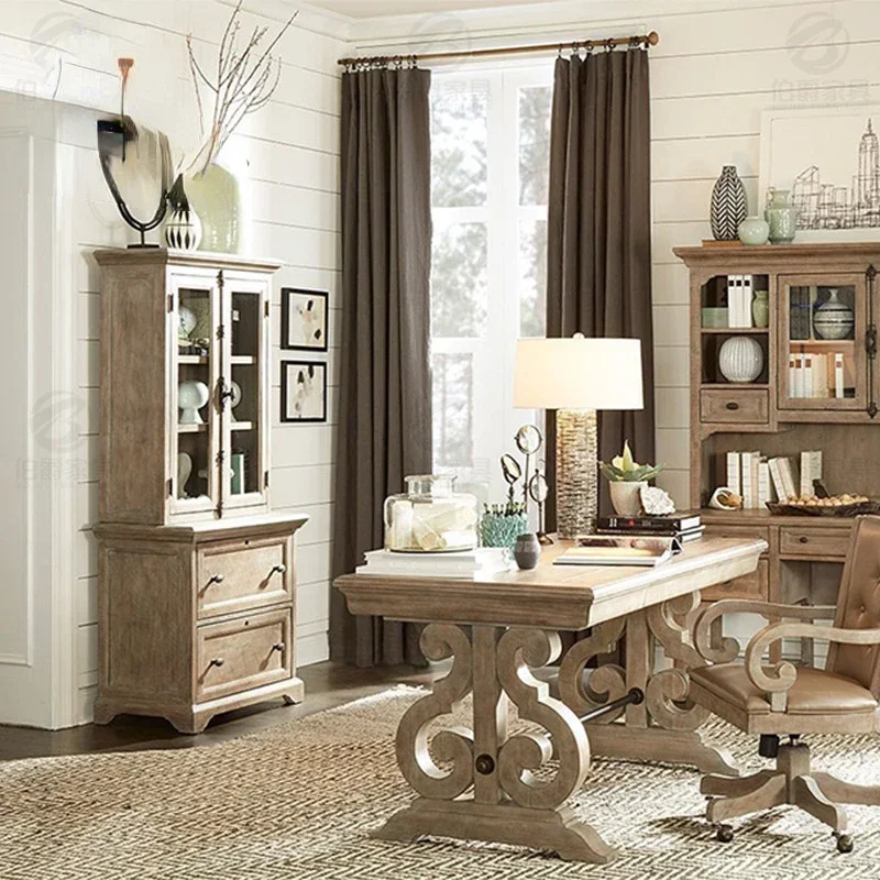 

Light Luxury Solid Wood Desk Simple Modern Storage Computer Office Desk and Chair Combined Bookcase