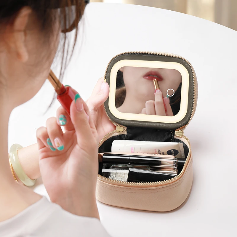 Rechargeable Travel Makeup Bag With LED Mirror, Compact Touch Screen Tabletop Cosmetic Mirror, 3 Colors Light