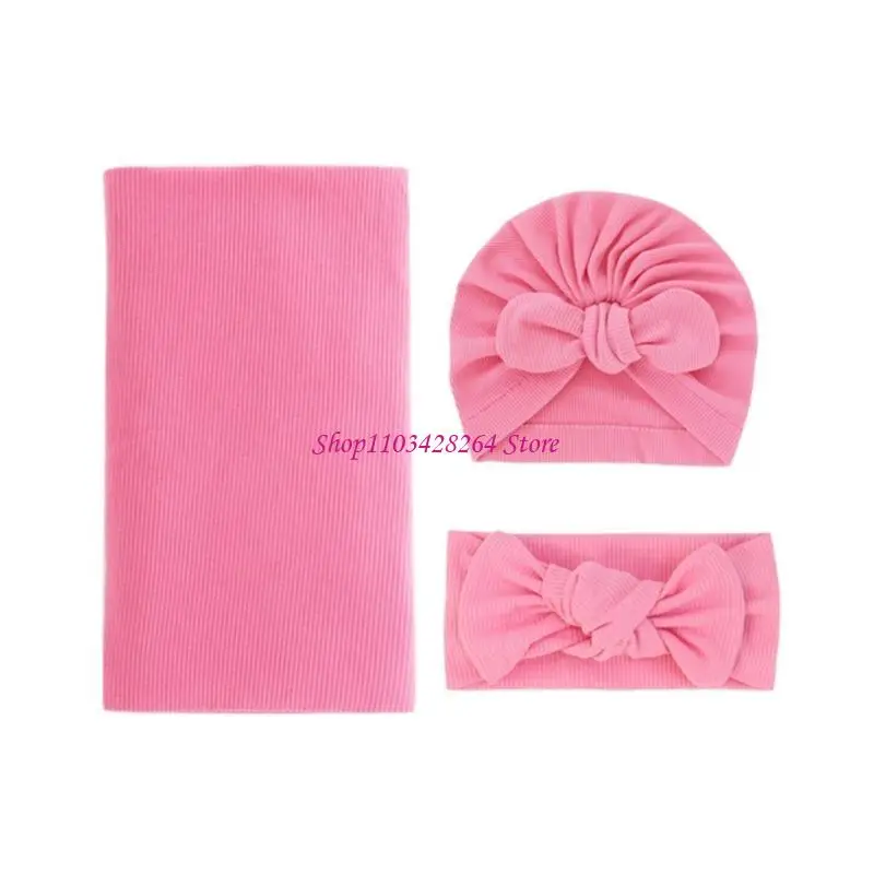 

3Pcs Newborns Swaddles Wrap with Hairband and Turban Hat Set Photography for Baby Girls Infant Wrapping Blanket