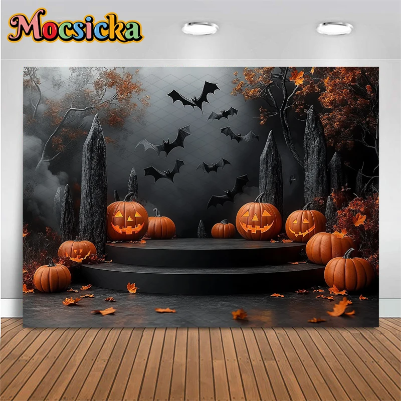 Halloween Pumpkin Backdrop Photography Black Wall Bat Party Baby Shower Autumn Photo Background Shooting Props Decoration Studio