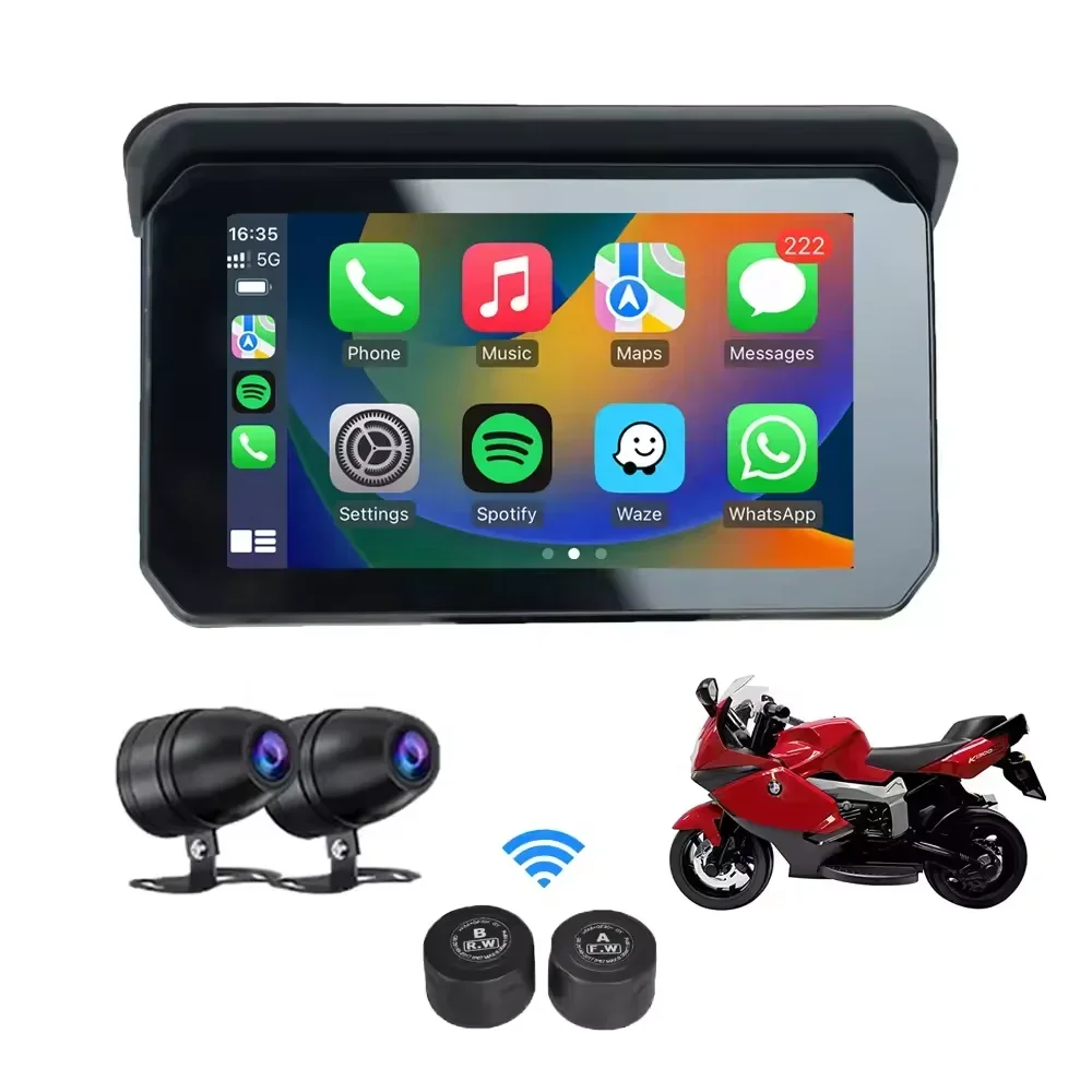 2026 5 Inch Motorcycle Portable 1080P Dual Camera Wireless CarPlay Android Auto Navigation GPS with TPMS Tire Pressure Sensors