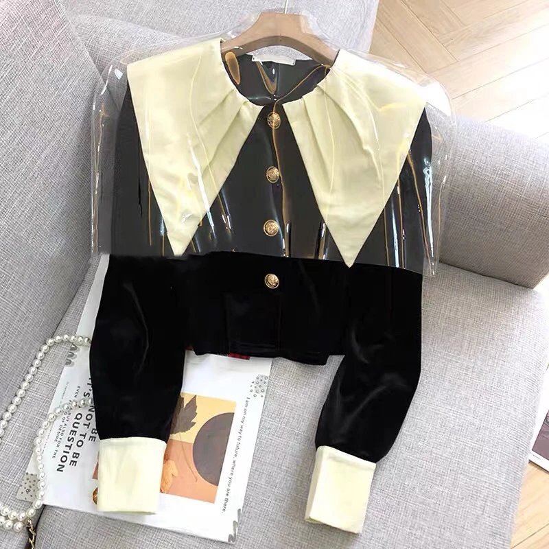 French Style Fashion Spring Autumn New Blouse Women\'s Patchwork Folds Doll Collar Contrast Color Button Long Sleeve Velvet Shirt