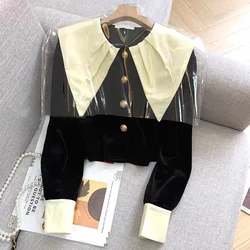 French Style Fashion Spring Autumn New Blouse Women's Patchwork Folds Doll Collar Contrast Color Button Long Sleeve Velvet Shirt